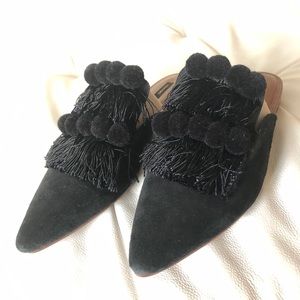 NWT Mango SlipOn Shoes Black Suede Pompons&Fringes